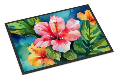 NEW Hawaii Hawaiian Hibiscus in Watercolor Doormat Front Door Mat Indoor Outdoor Rugs for Entryway, Non Slip Washable Low Pile, 18H X 27W