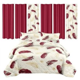 9 Piece Room In A Bag Quilt And Curtain Set, US Designer Burgundy Gold Boho Feather Print Heavyweight Bedspread With 6 Customizable Window Panels (Option: King)
