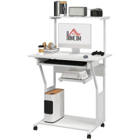 32" Mobile Computer Table, Rolling Study Desk for Home Office with Keyboard Tray, Storage Shelves, Wheels, White (Option: White)