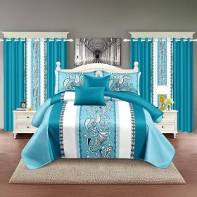 9-Piece Turquoise Paisley Bedding & Curtain Set (Queen/King/Cal King) - Quilted Microfiber Bedspread + Sheer Curtains (Option: blue/white stamen-KING)