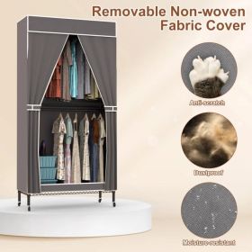 2 Tier Clothing Rack With Cover Portable Wardrobe Closet Covered Garment Rack with 4 Wheels 2 Hanging Rods 2 Hook Racks 35.43x17.13x72.44in (Option: Grey)