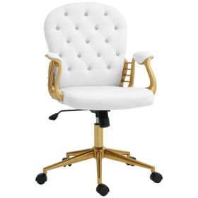 Velvet Office Desk Chair Button Tufted Vanity Chair with Swivel Wheels, Adjustable Height and Tilt Function, Cream White (Option: Gold, White)