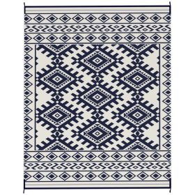 Reversible Outdoor Rug, Waterproof Plastic Straw With Carry Bag, 8 X 10, Blue  White Rhombus Border (Option: blue)
