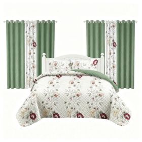 9 Piece Room In A Bag Quilt And Curtain Set, US Designer Sage Green Botanical Floral Print Heavyweight Bedspread With 6 Customizable Window Panel (Option: Queen)