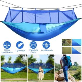 600lbs Load 2 Persons Hammock w/Mosquito Net Outdoor Hiking Camping Hommock Portable Nylon Swing Hanging Bed w/ Strap Hook Carry Bag (Option: blue)