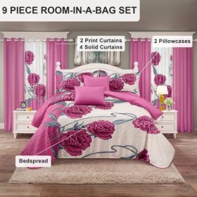 9-Piece Pink Rose Bedding & Curtain Set (Queen/King/Cal King) - Quilted Microfiber Bedspread + Sheer Curtains (Option: Pink/White Rose-CAL KING)