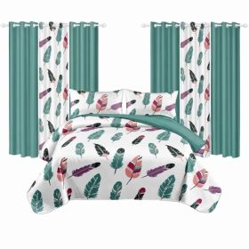 9-Piece Boho Feather Bedding & Curtain Set (Queen/King/Cal King) - Quilted Microfiber Bedspread + Sheer Curtains (Option: colorful feather-QUEEN)