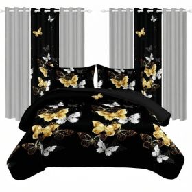 9 Piece Room In A Bag Quilt And Curtain Set, US Designer Black And Gold Butterfly Print Heavyweight Bedspread With 6 Customizable Window Panels, (Option: Cal King)