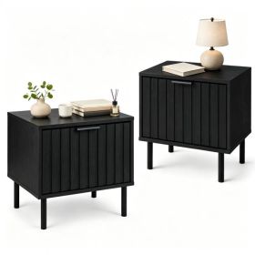 Black Fluted Drawer Nightstand Set of 2, Engineered Wood Metal Side End Table with Adjustable Foot Pads, Modern Storage Bedside Table for Small B (Option: default title)