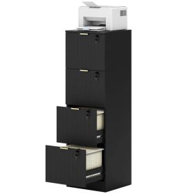 Lockable Filing Cabinet with 4 Fluted Drawers, File Cabinet with Adjustable Hanging Rails for A4 Letter Files, Black (Option: Black)